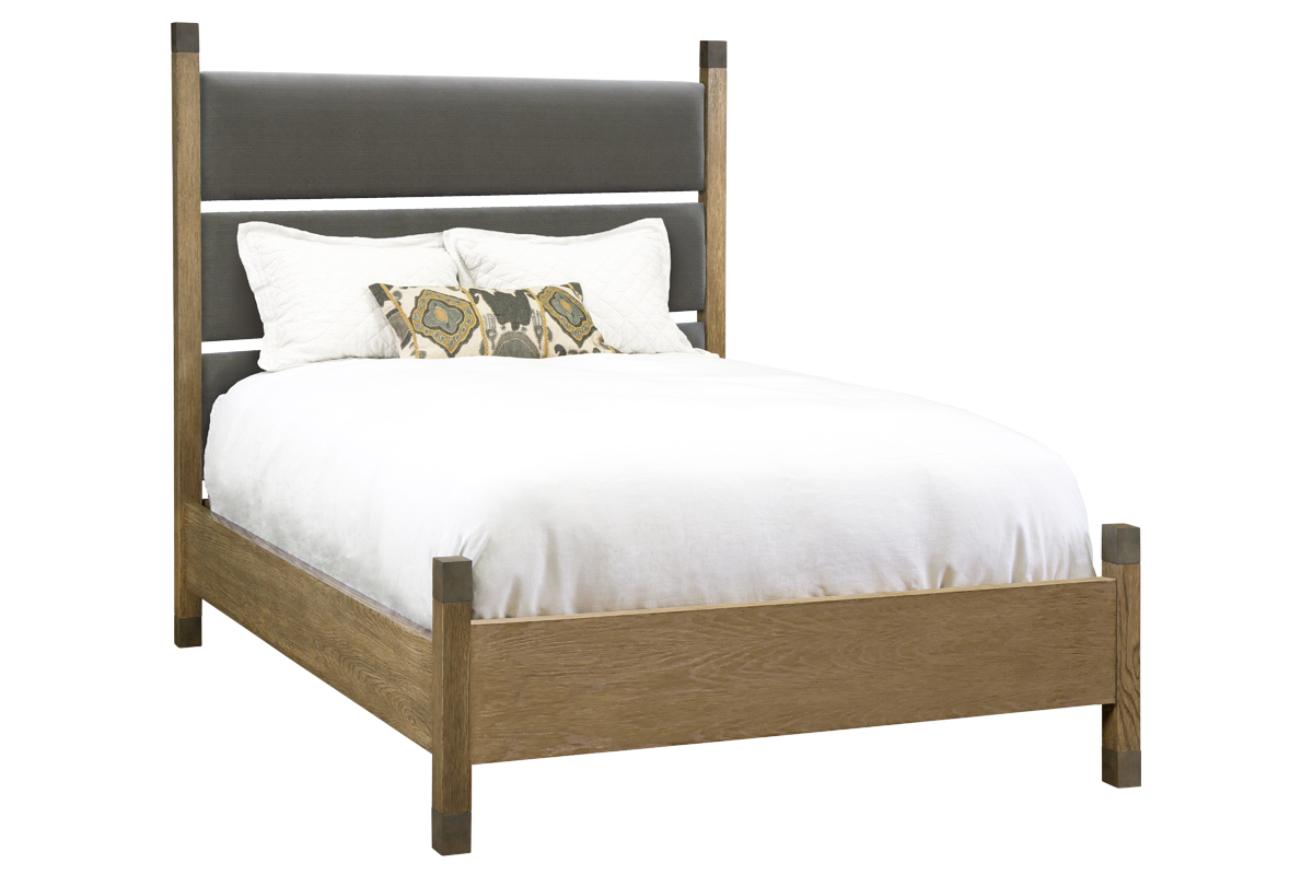 <span id="FinishShown">1077 Tortola Bed<br />
Upholstered Headboard<br />
Posts: Sonoran on White Oak<br />
Iron Caps: Espresso</span>